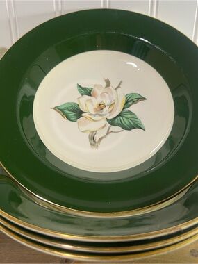 (4) Homer Laughlin Jaderose Green and White Magnolia Plate with Gold Trim